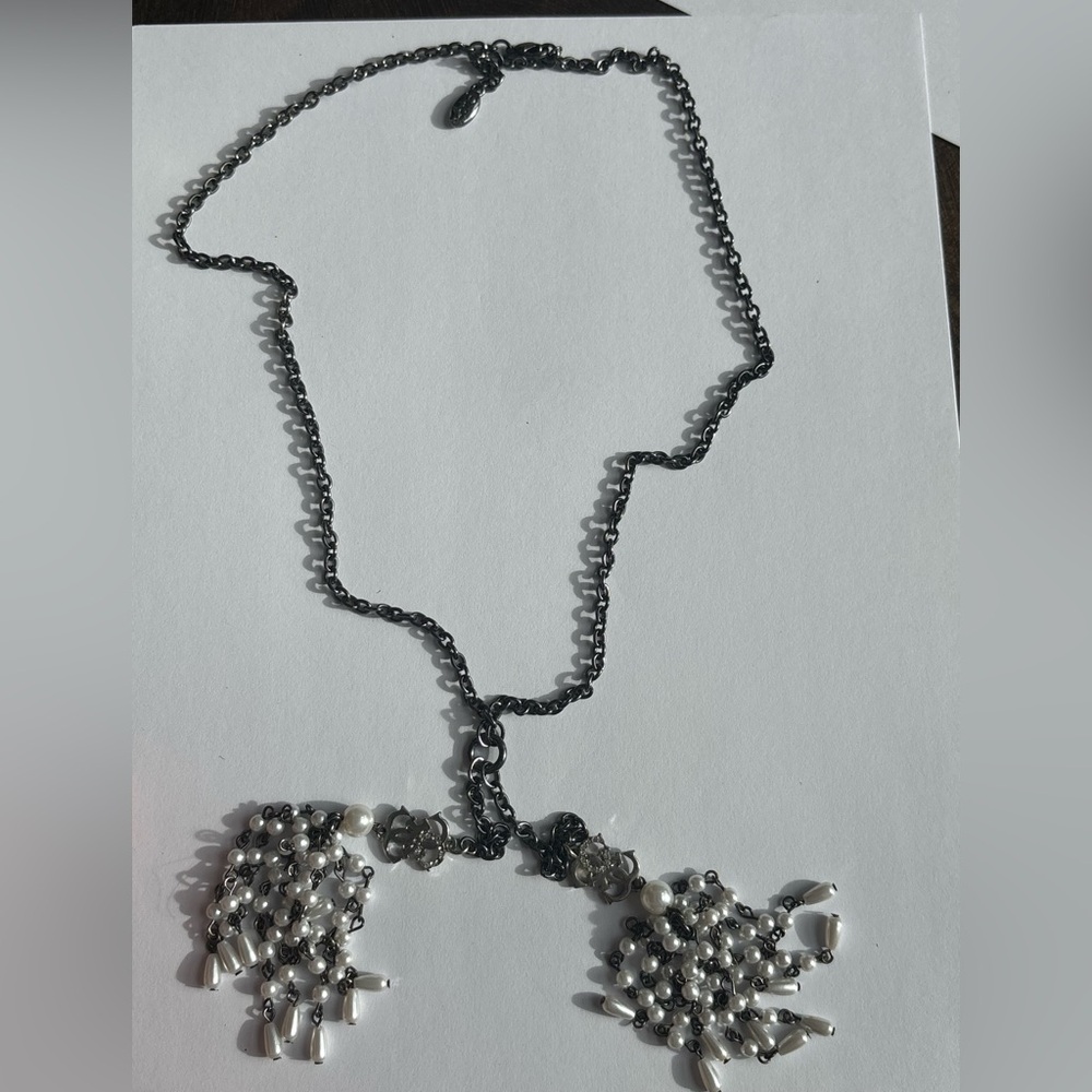 Elegant Silver and White Tassel Necklace Vintage Costume